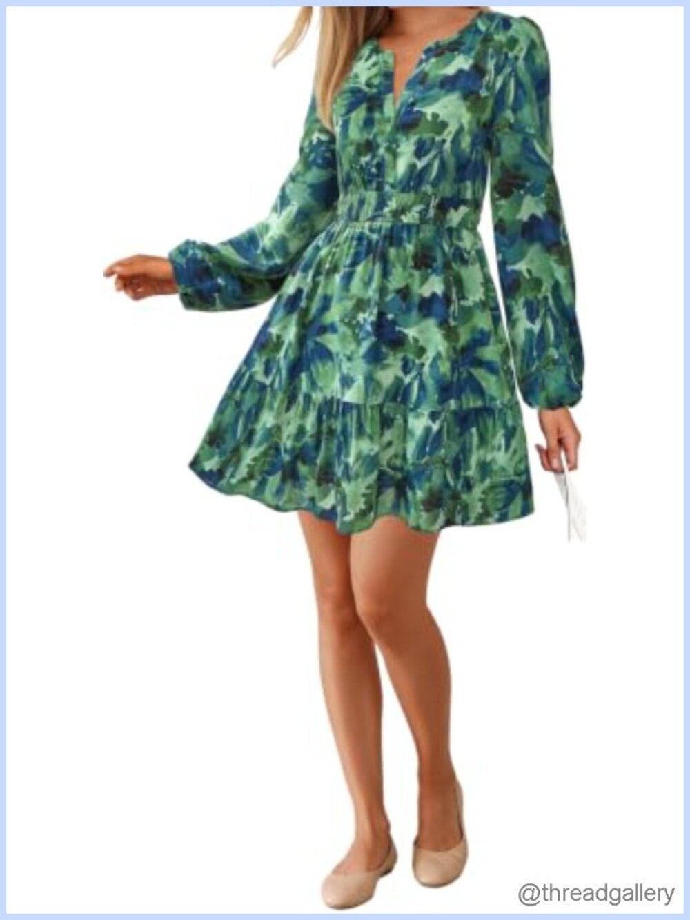 Floral V Neck Long Sleeve Mini Dress Smocked Boho A Line